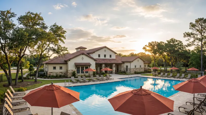 Community clubhouse with an outdoor swimming pool and shaded lounge seating