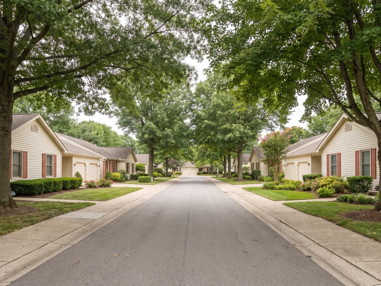 A quiet street of single-story ranch homes in the Holiday Village 55+ community