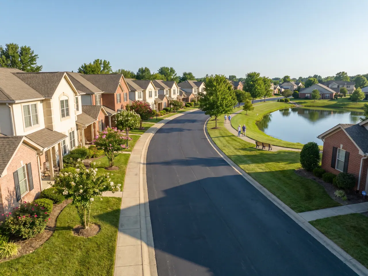 A newer street of patio homes beside a small lake in Holiday Village East