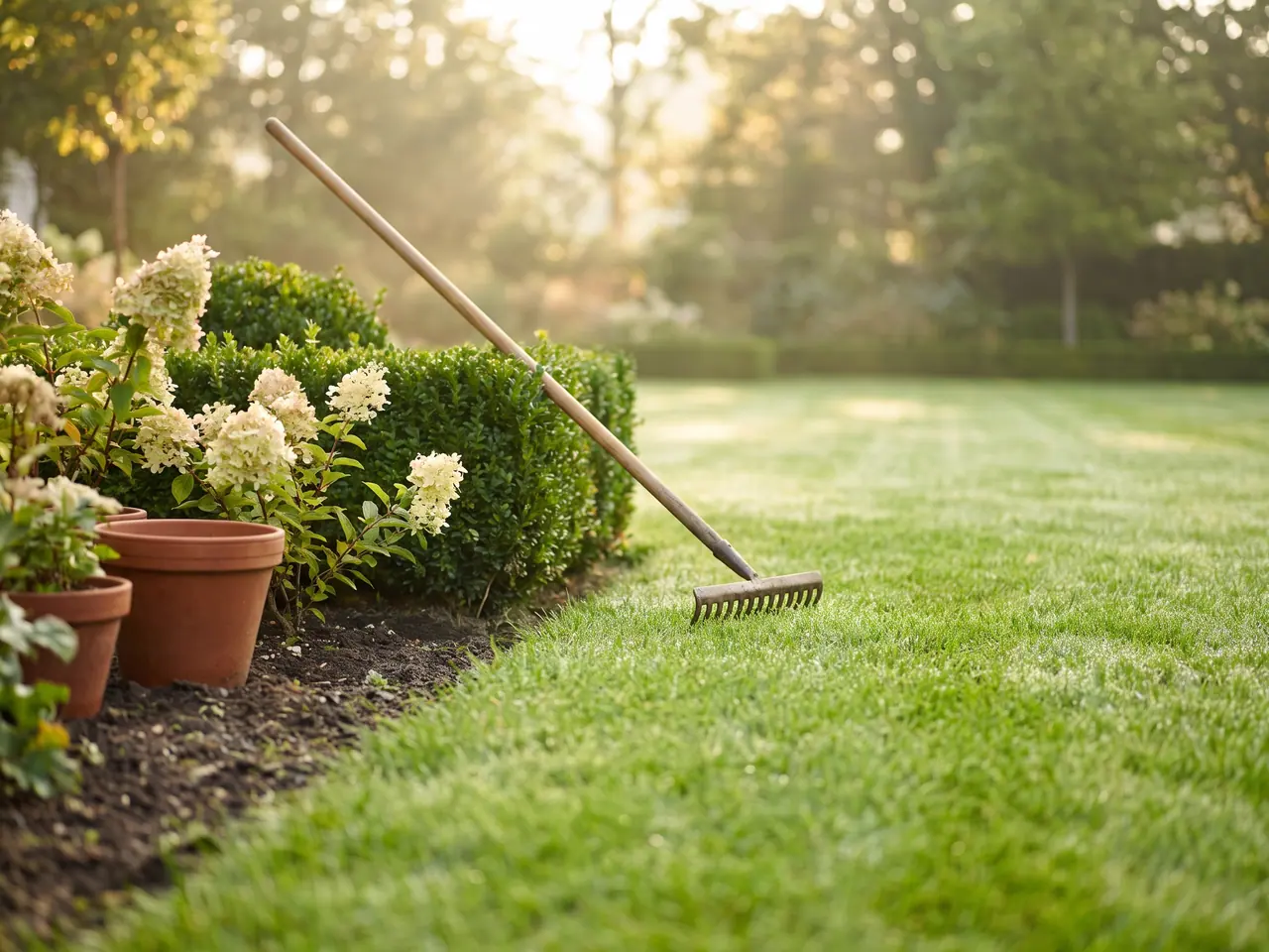 Neatly edged lawn and garden bed being tended in a low-maintenance HOA community